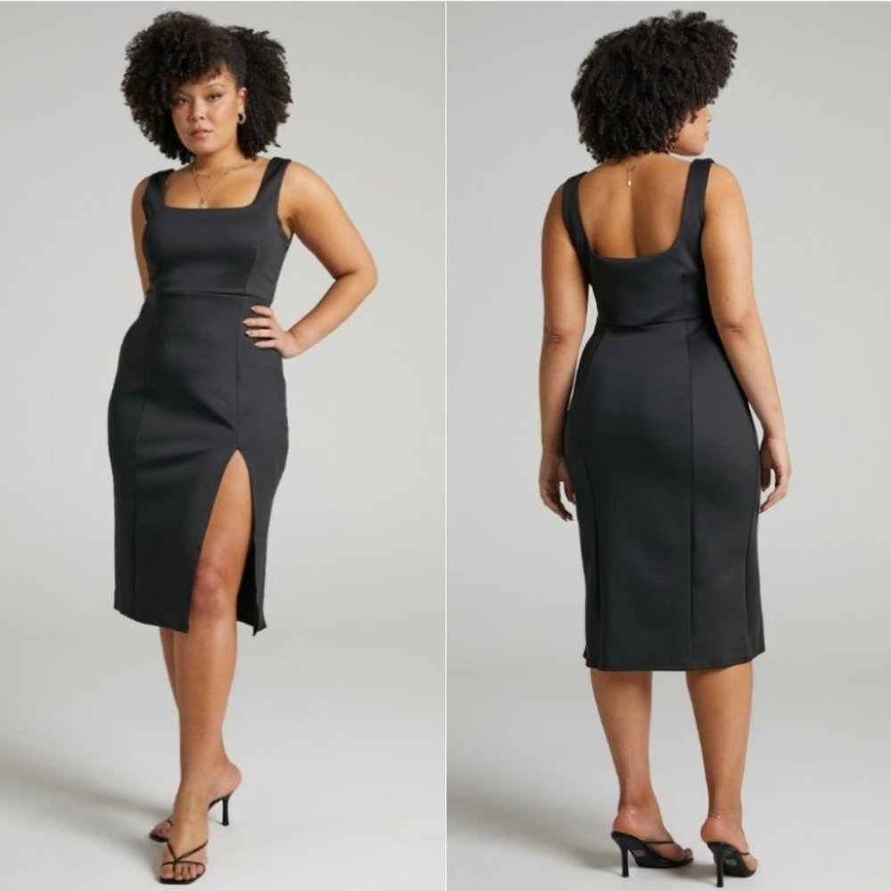 Showpo. Mini Love Square Neck Split Midi Dress in Black